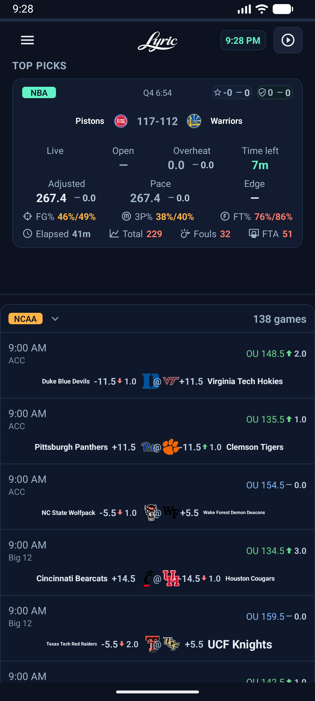 App screenshot showing Top Picks with a unified live totals board