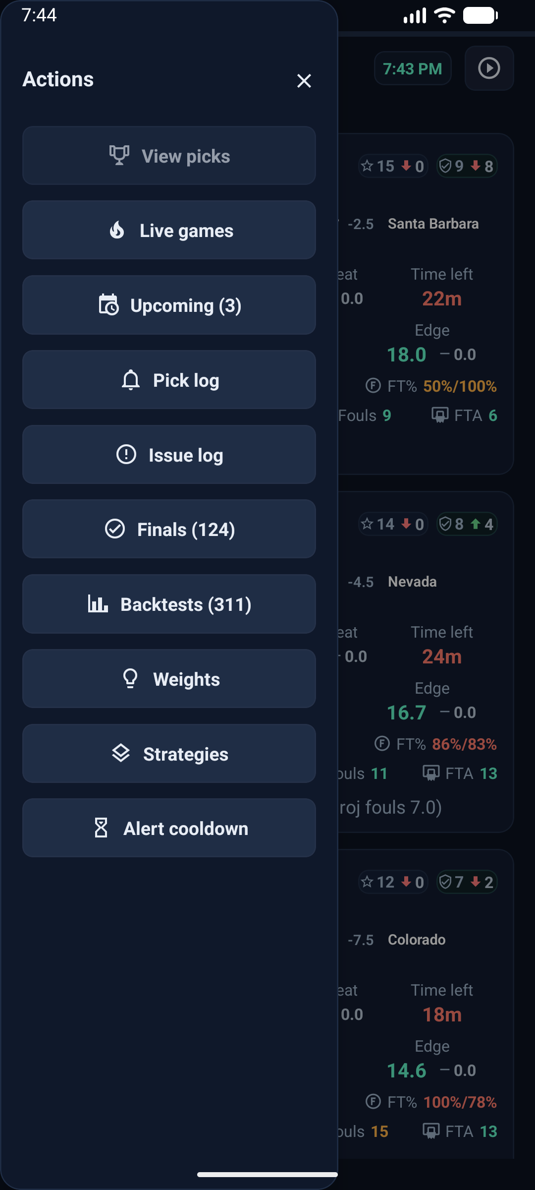 App screenshot showing live games and totals context