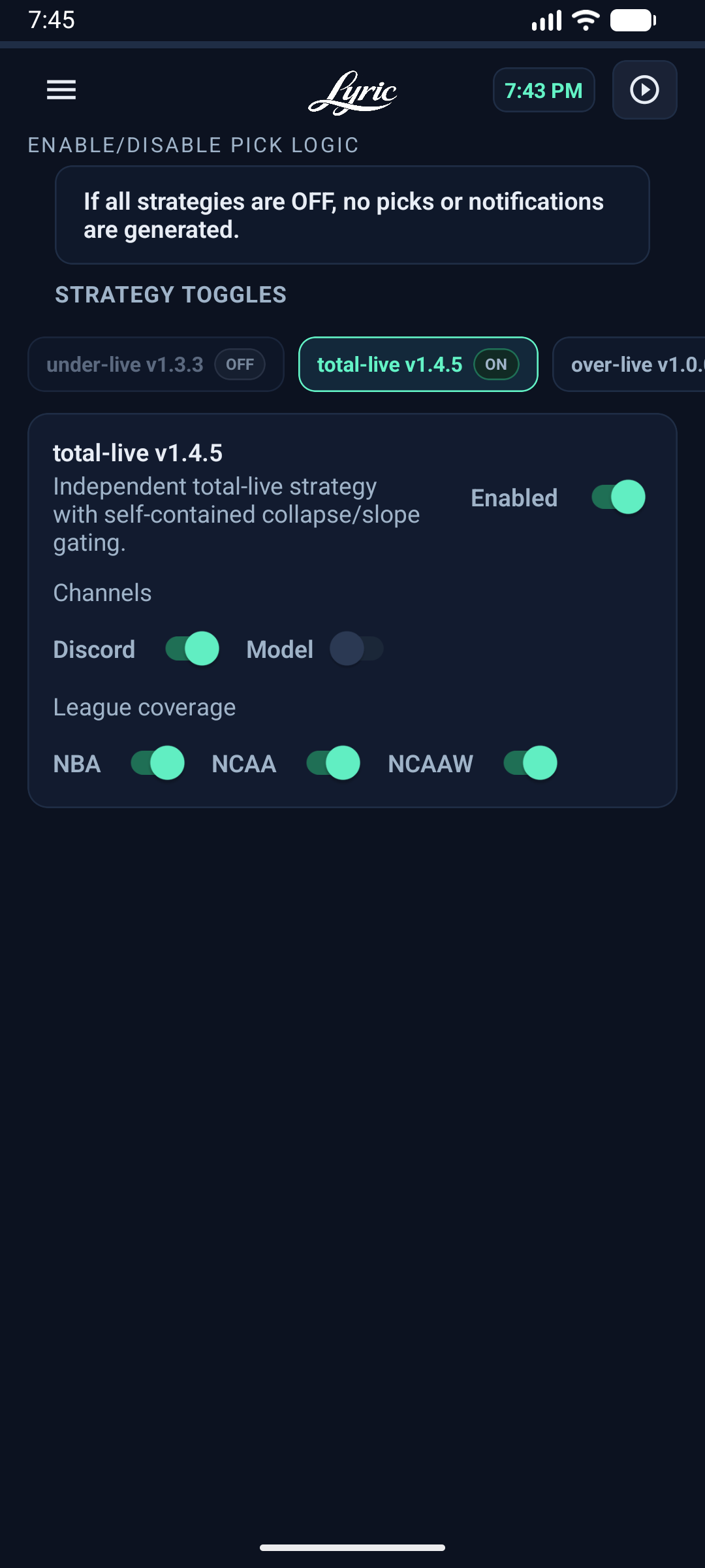 App screenshot showing a game detail view with projections